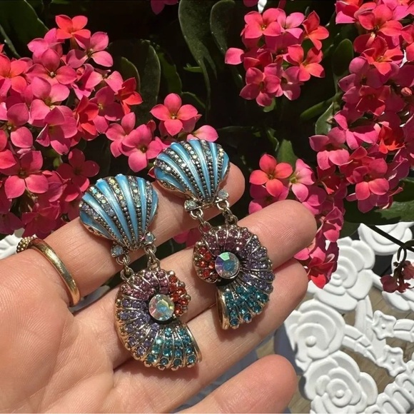 Anthropologie Seashell Blue Ocean Crystal Earrings - Picture 7 of 9